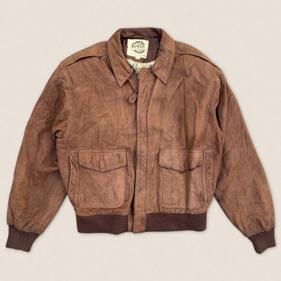 Vintage Brown Leather Bomber Pilot Flight Jacket Global Identity | Size Medium - Picture 1 of 9